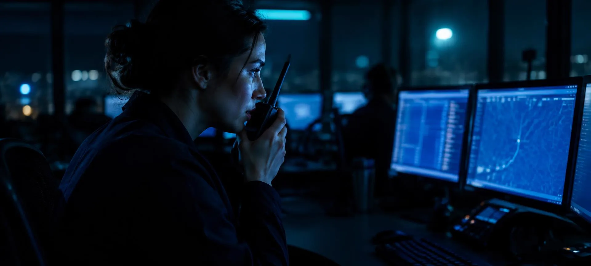 Dispatcher at a dark dispatch desk speaking into a handheld push-to-talk radio