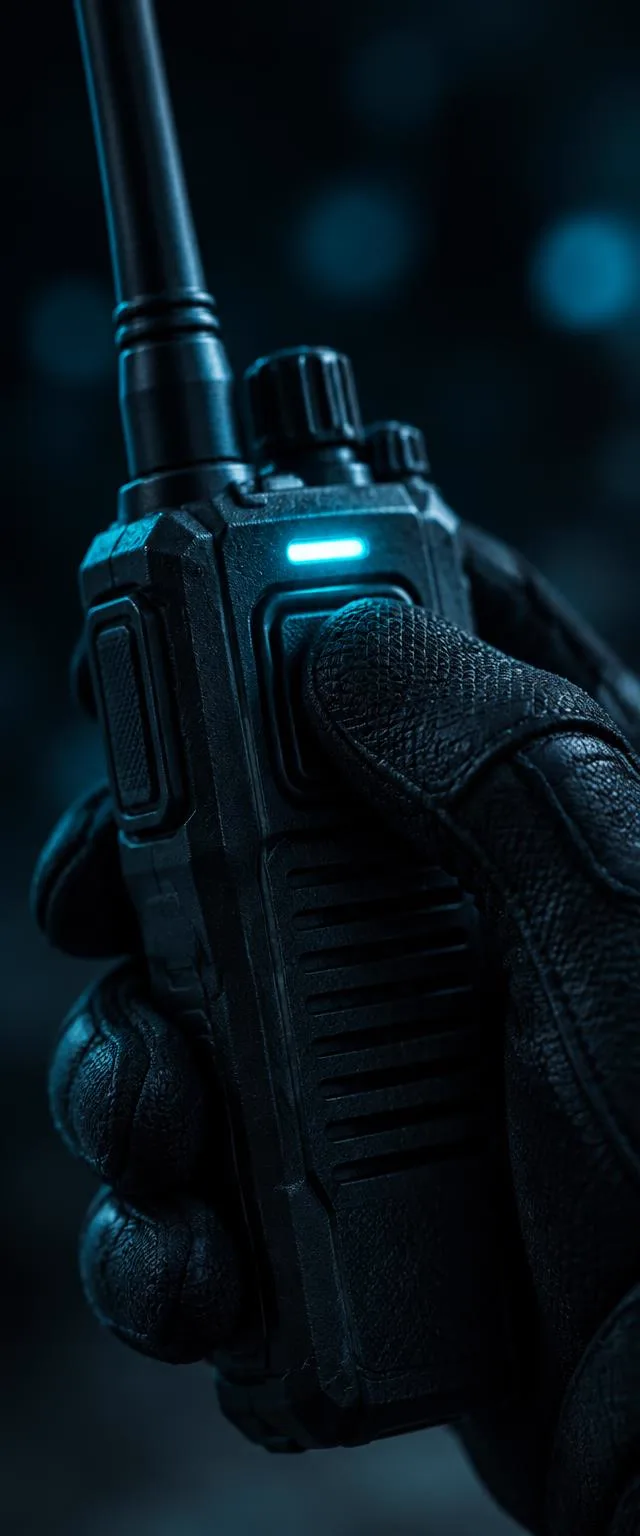 Gloved hand pressing the push-to-talk button on a rugged handheld radio