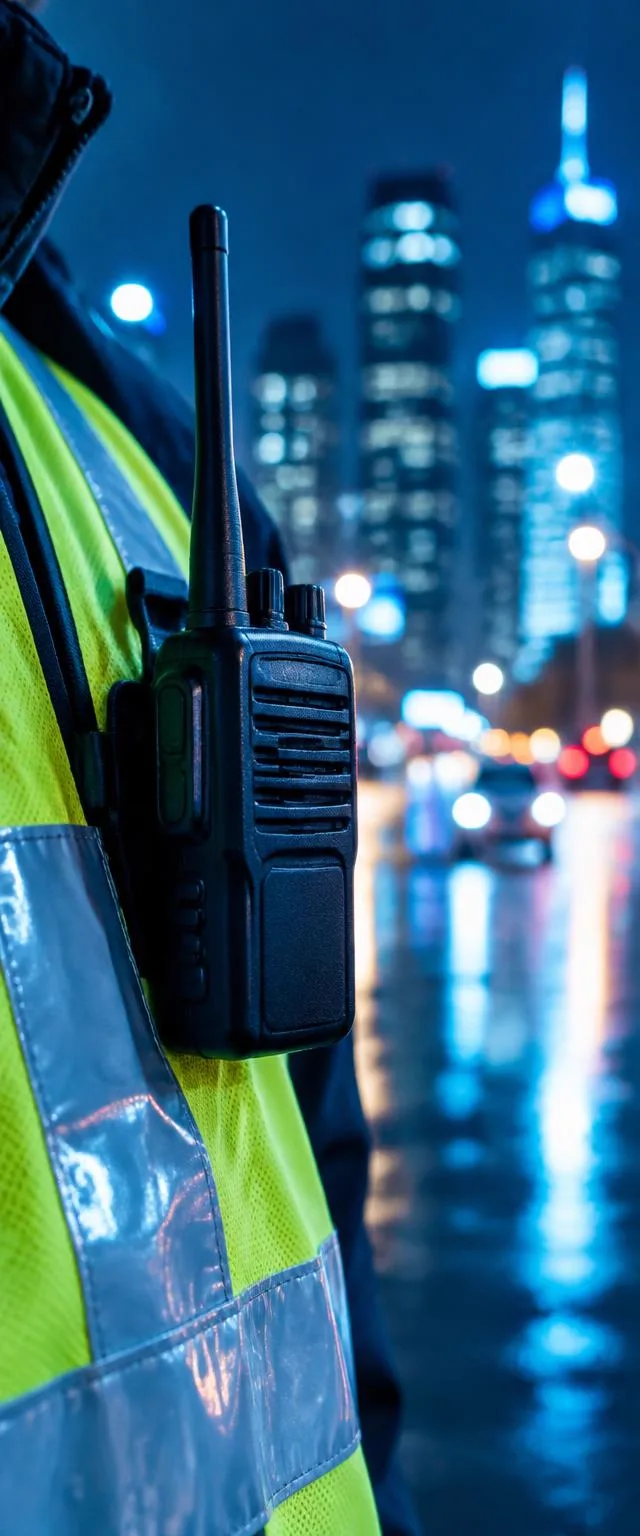 Handheld radio clipped on a work vest with city lights behind