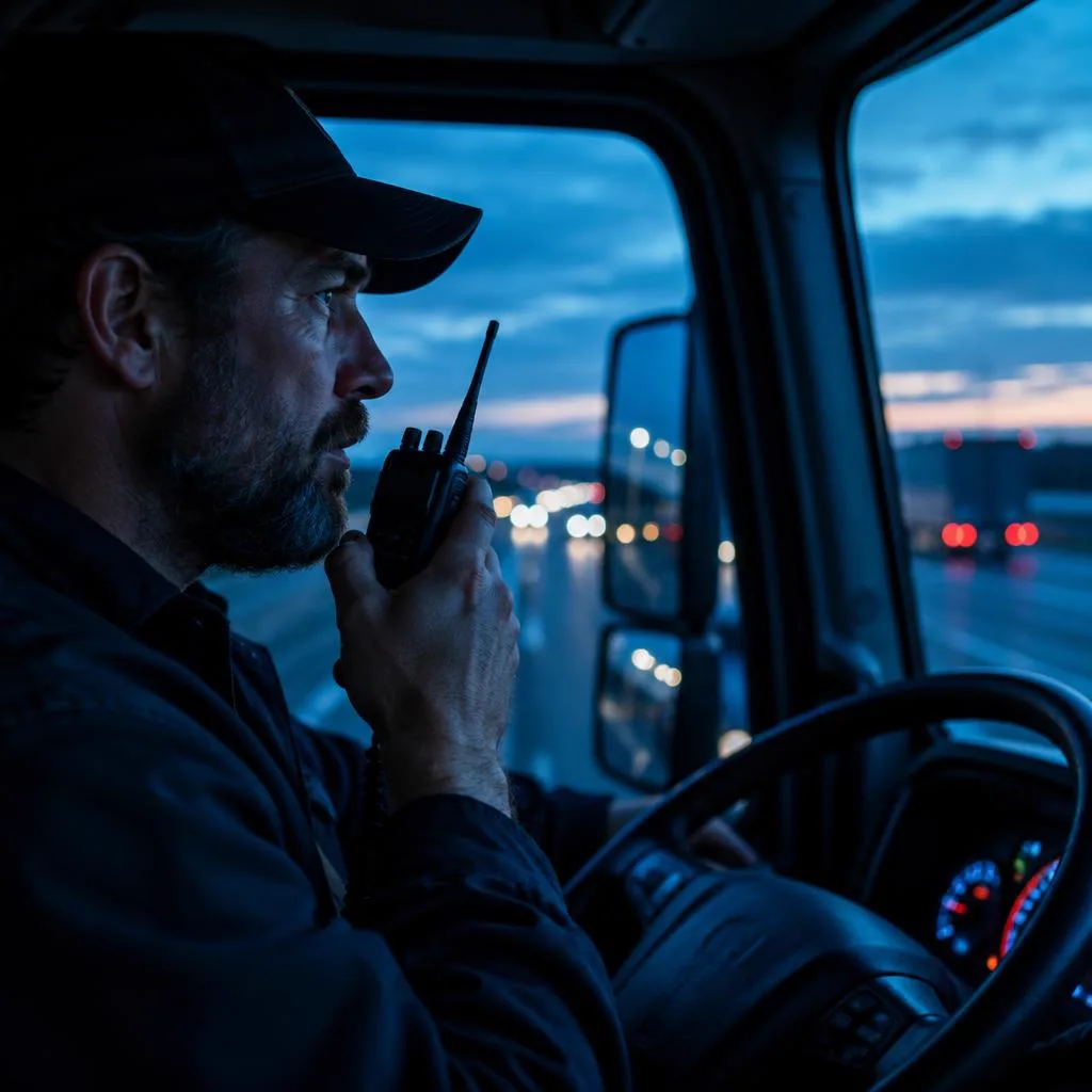 Truck driver in a cab at dusk holding a handheld radio