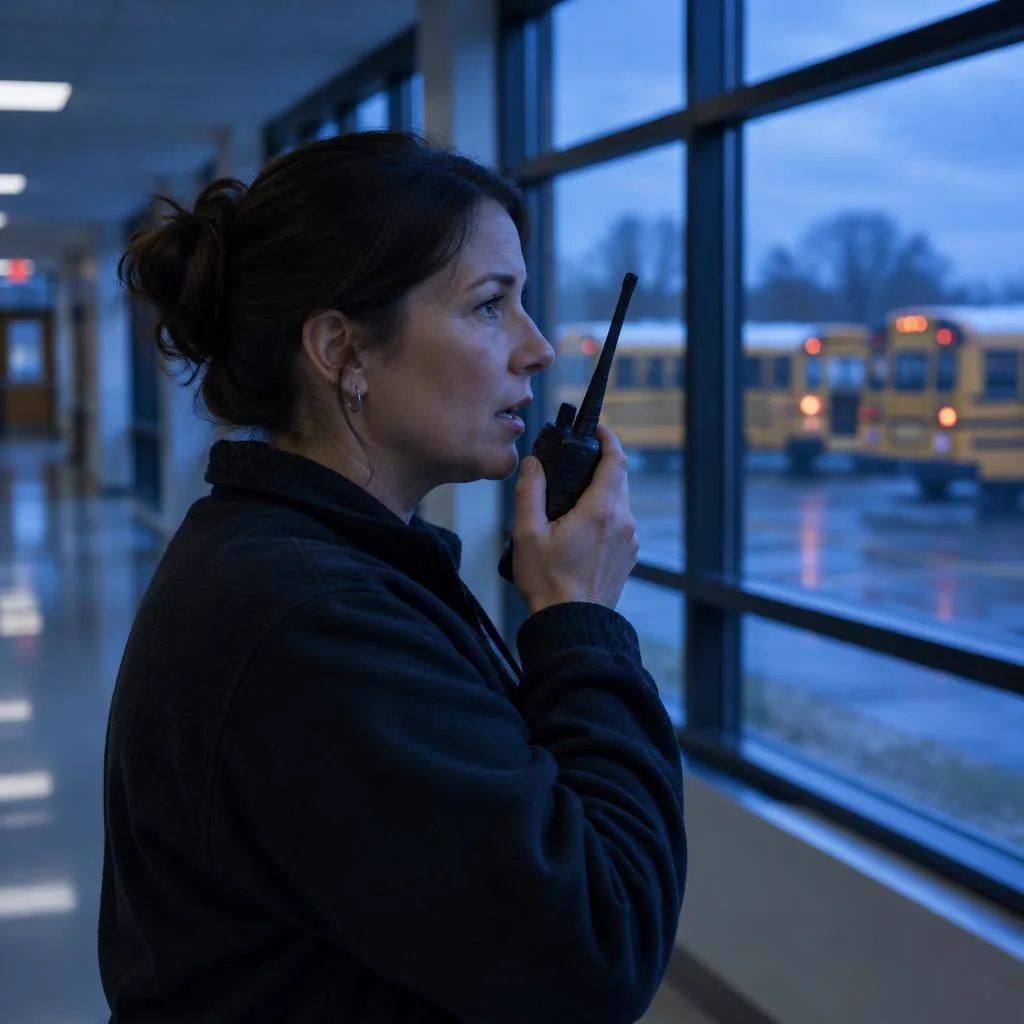 School staff member in a hallway speaking into a handheld radio
