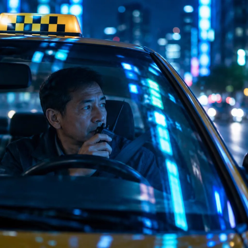Taxi driver at night in the city holding a handheld radio