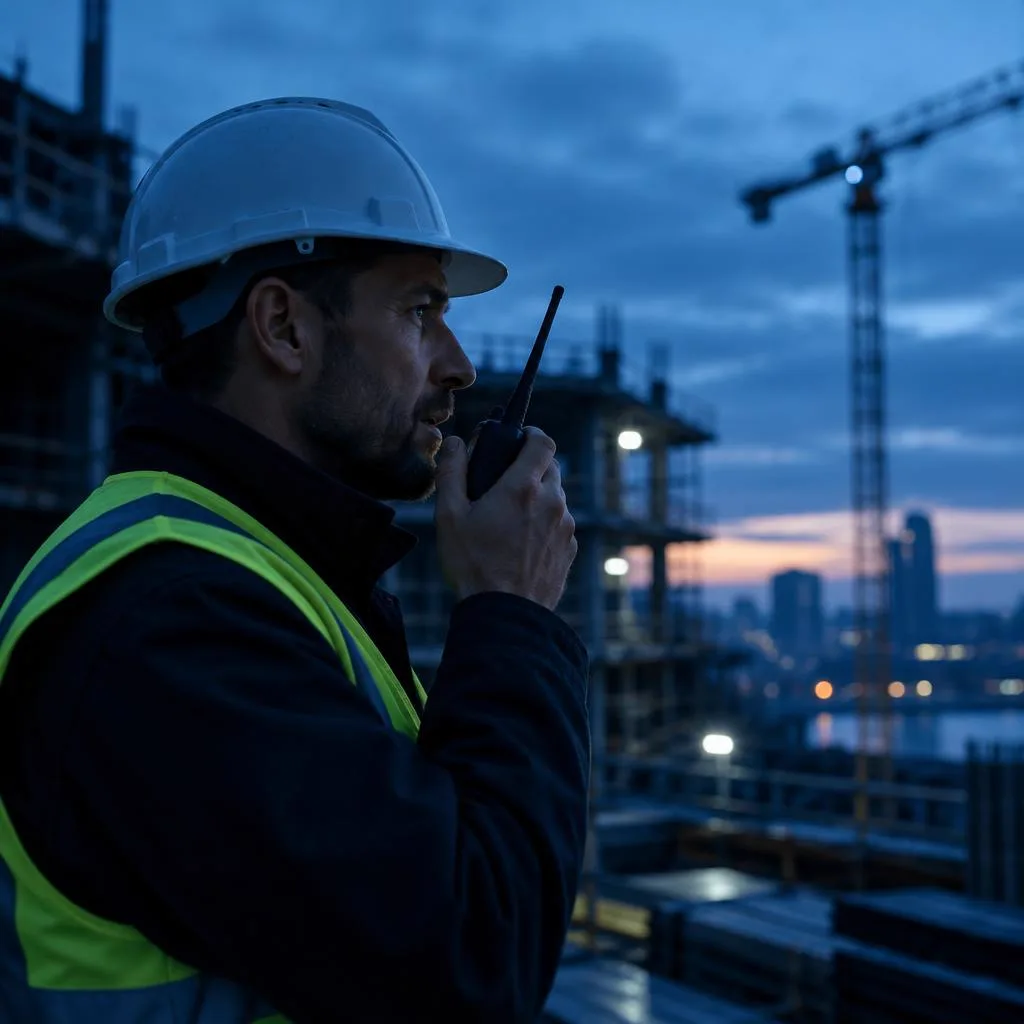 Construction supervisor in a hard hat speaking into a handheld radio
